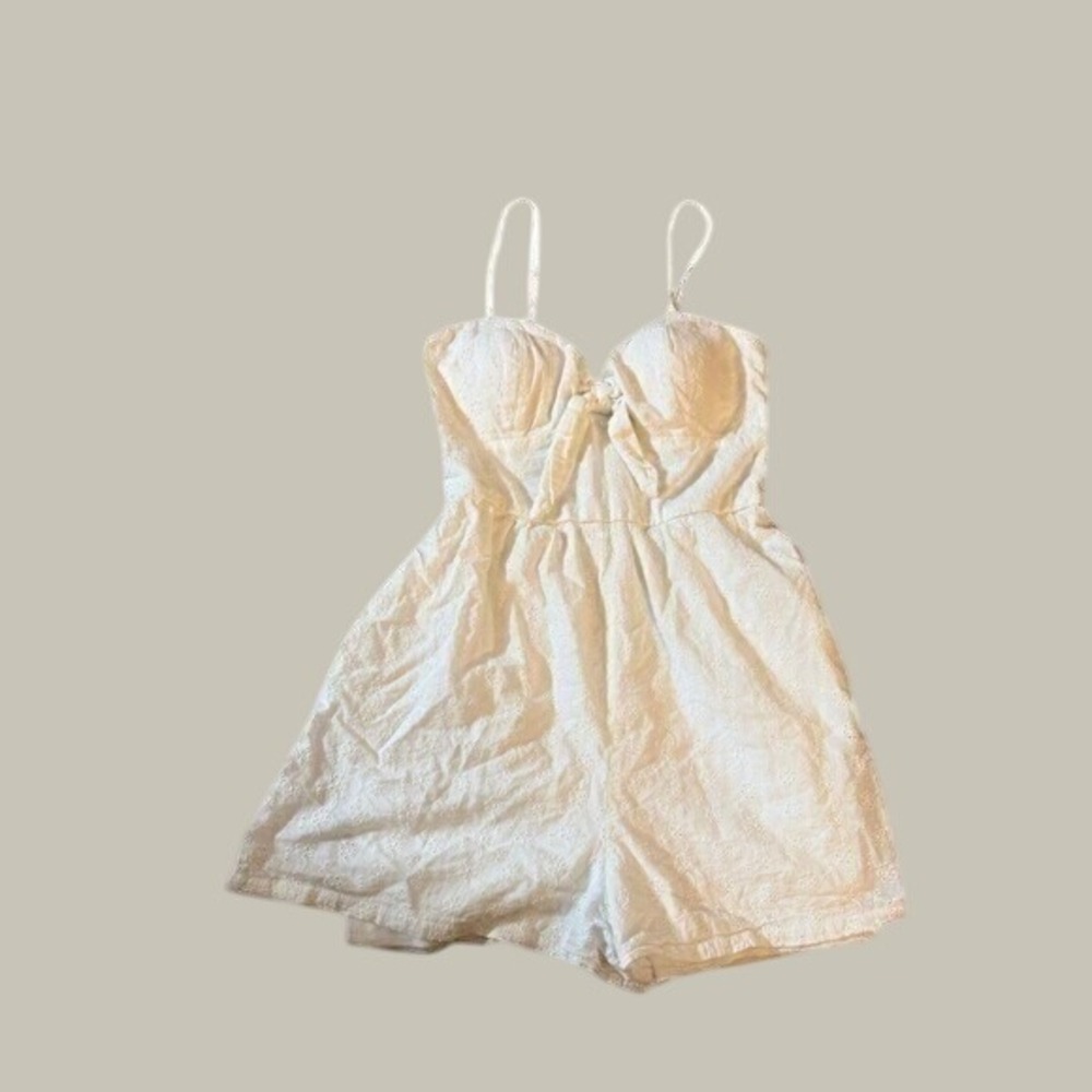 Lily Rose White Eyelet Romper Tie Front Smocked Back Small Pockets